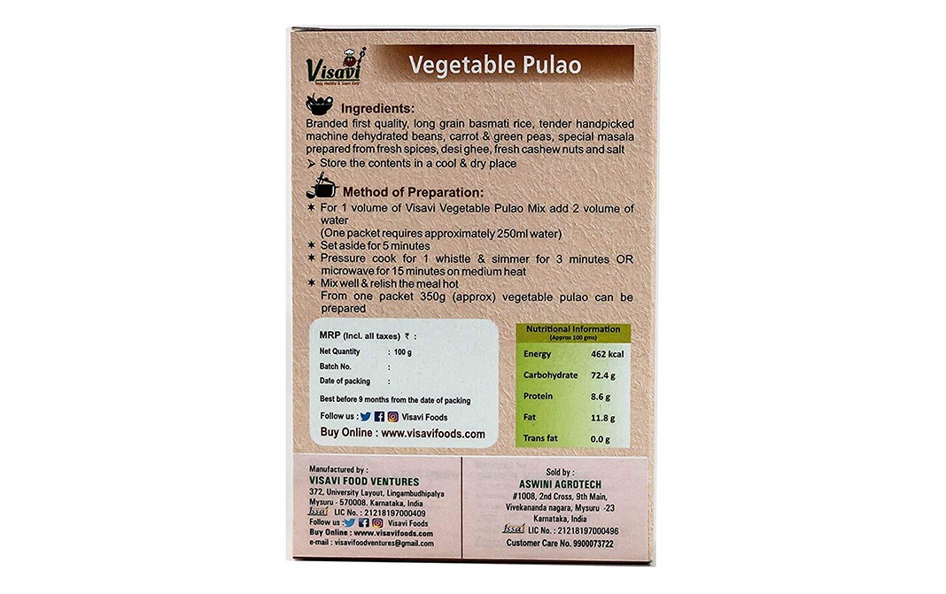 Visavi Vegetable Pulao    Box  100 grams